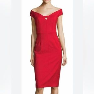 Black Halo Riya off the shoulder stretch scuba sheath.